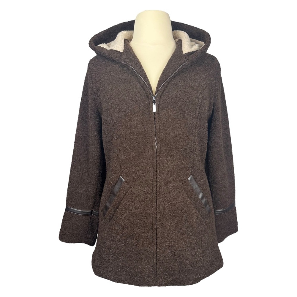 Susan Graver Hooded, Zip-Up Coat with Faux Leather Trim - Brown – Size L…